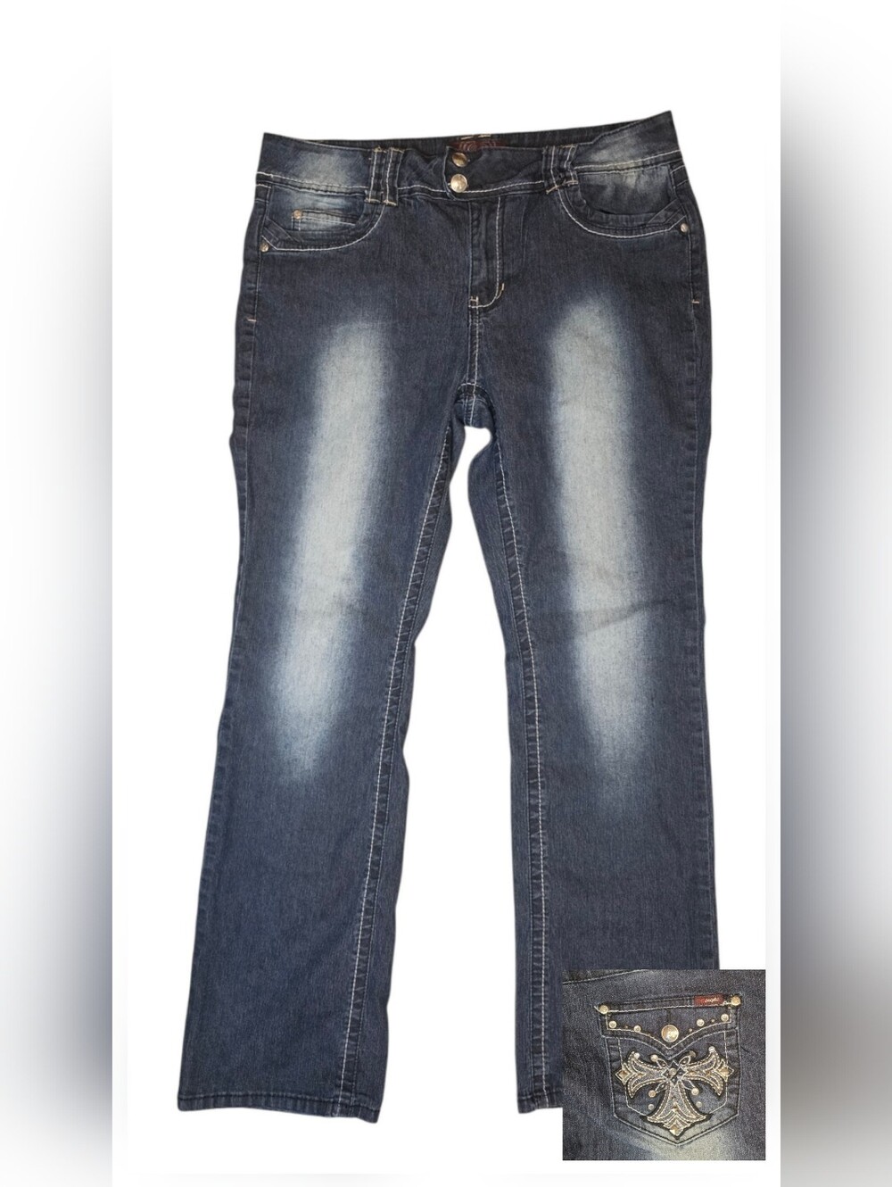 Angels Embroidered Cross Back Pocket Bootcut Jeans, Size 12